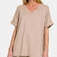 Zenana Mix It Up V-Neck Rolled Short Sleeve T-Shirt and Leggings Lounge Set in Lt Mocha