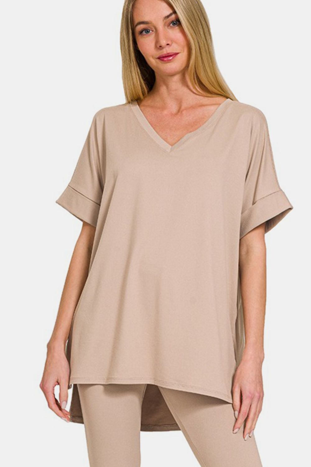 Zenana Mix It Up V-Neck Rolled Short Sleeve T-Shirt and Leggings Lounge Set in Lt Mocha