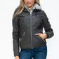 YMI Fuzzy Feels Faux Layered Double-Zipper Jacket with Fuzzy Hood in Charcoal