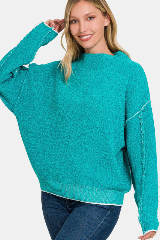 Zenana Everyday Cozy Exposed Seam Mock Neck Long Sleeve Sweater in Light Teal