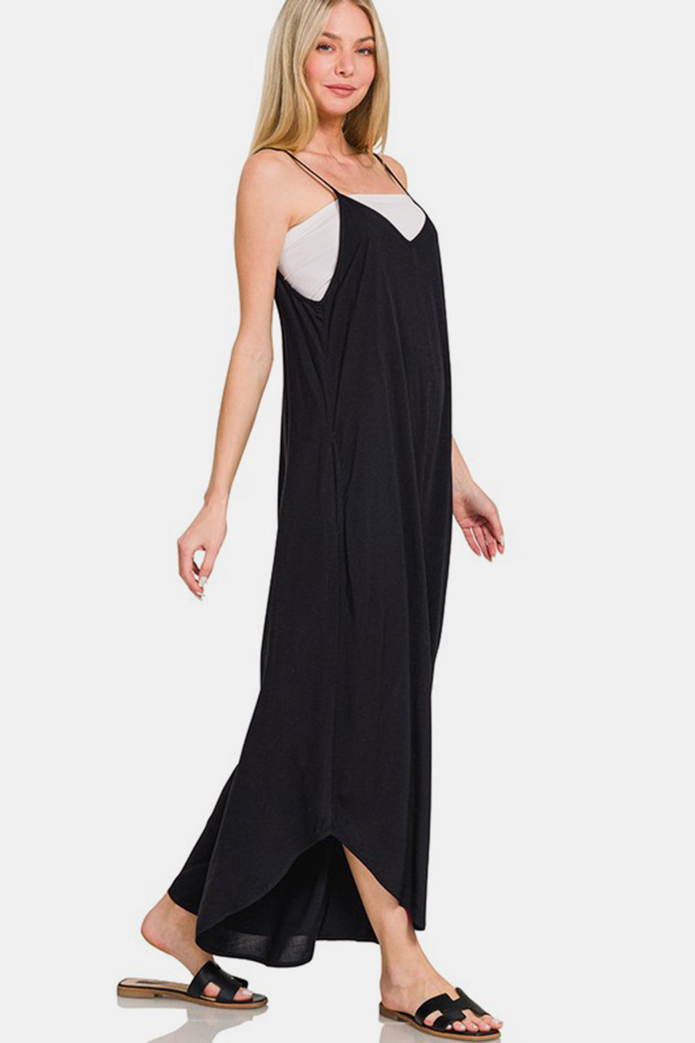 Zenana My Vibe Spaghetti Strap Wide Leg Overalls with Pockets in Black