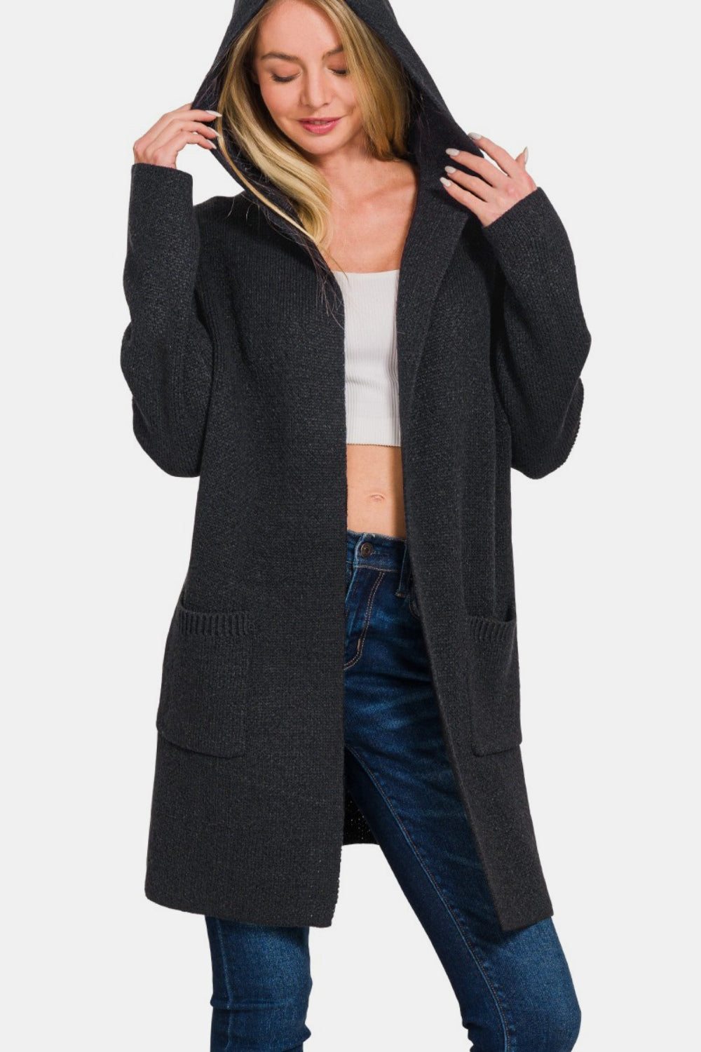 Zenana My Way Hooded Open Front Sweater Cardigan in Black