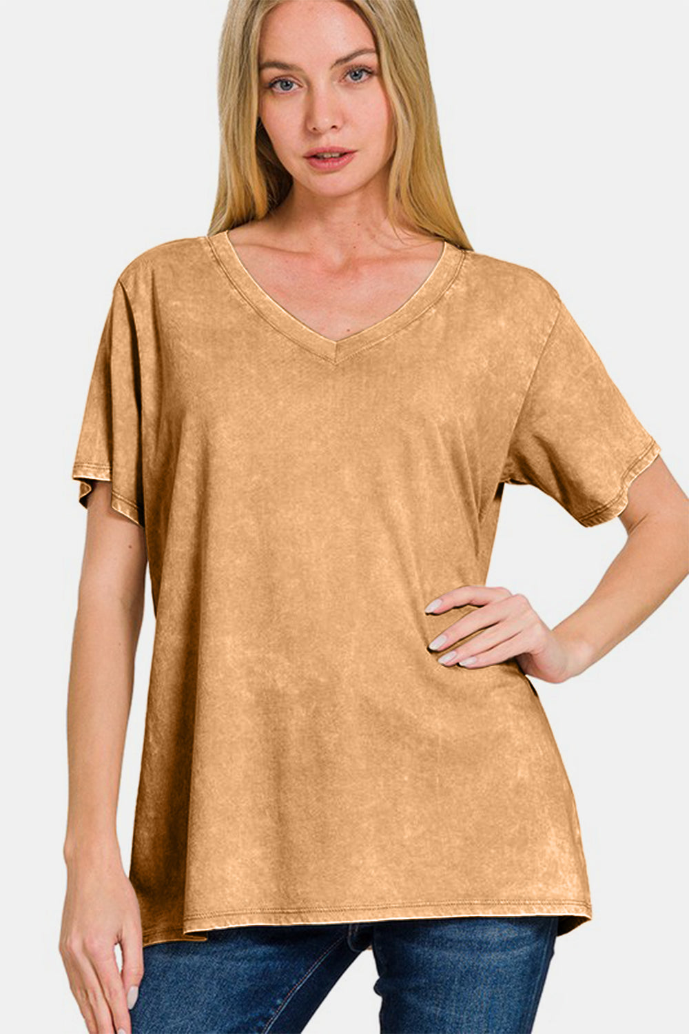 Zenana Cute in Camel Washed Short Sleeve V-Neck T-Shirt
