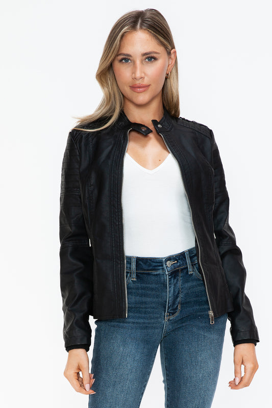 Snobbish Born To Ride PU Leather Biker Jacket with Side Zip Pockets in Black