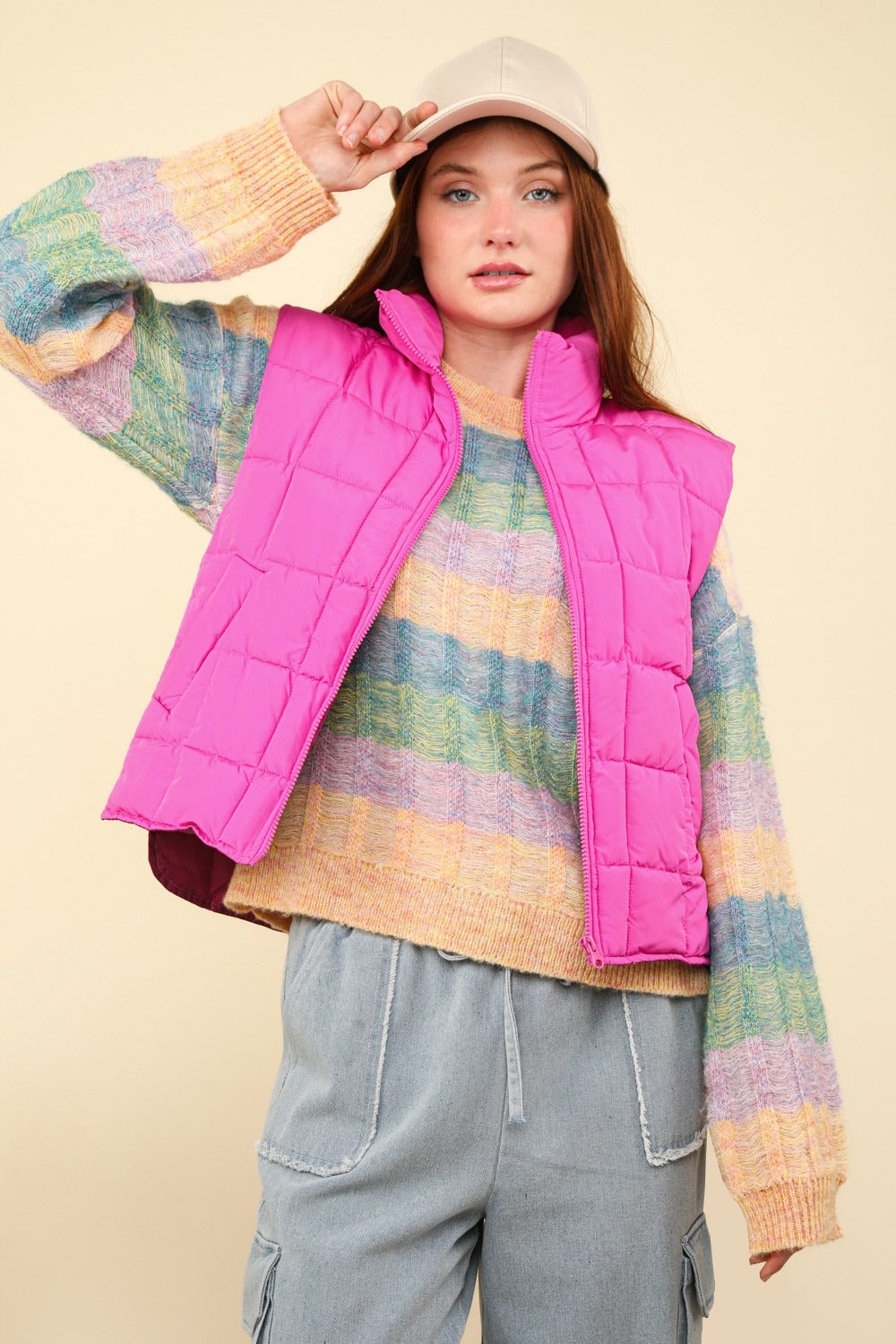 VERY J In Puffer Haven Zip Up Puffer Padded Warm Vest in Fuchsia