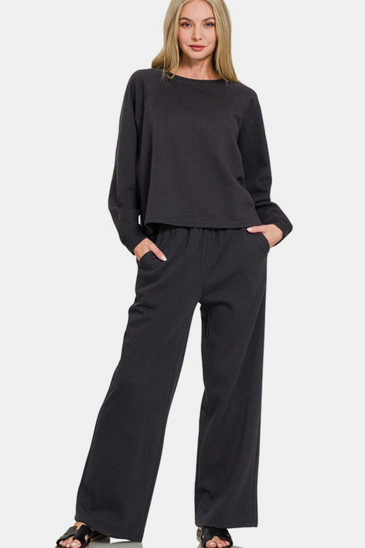 Zenana Cozy Corners Raglan Sleeve Top and Elastic Waist Pants Set in Black