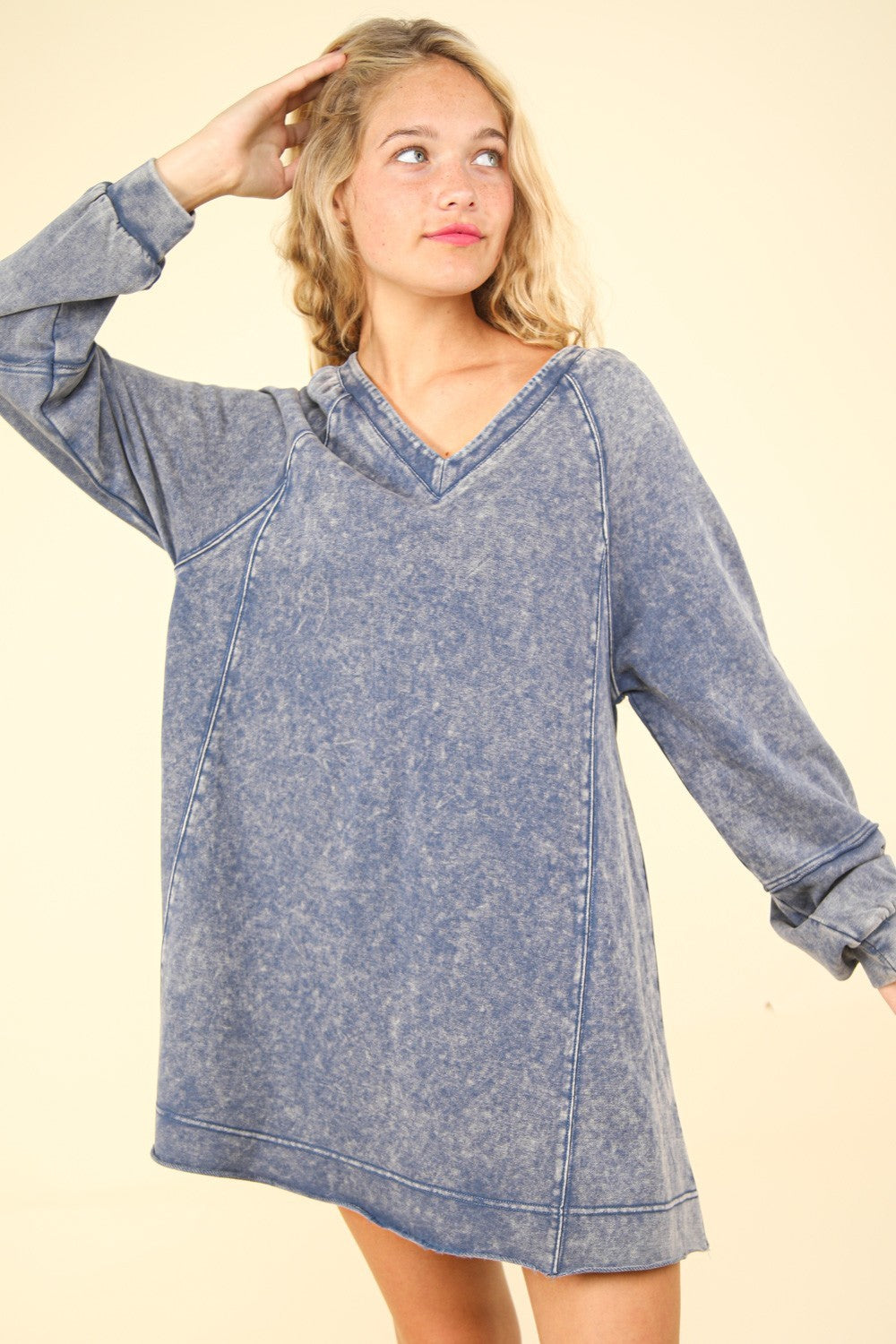 VERY J Oversized Memories Mineral Washed Oversized A-Line Mini Dress in Denim