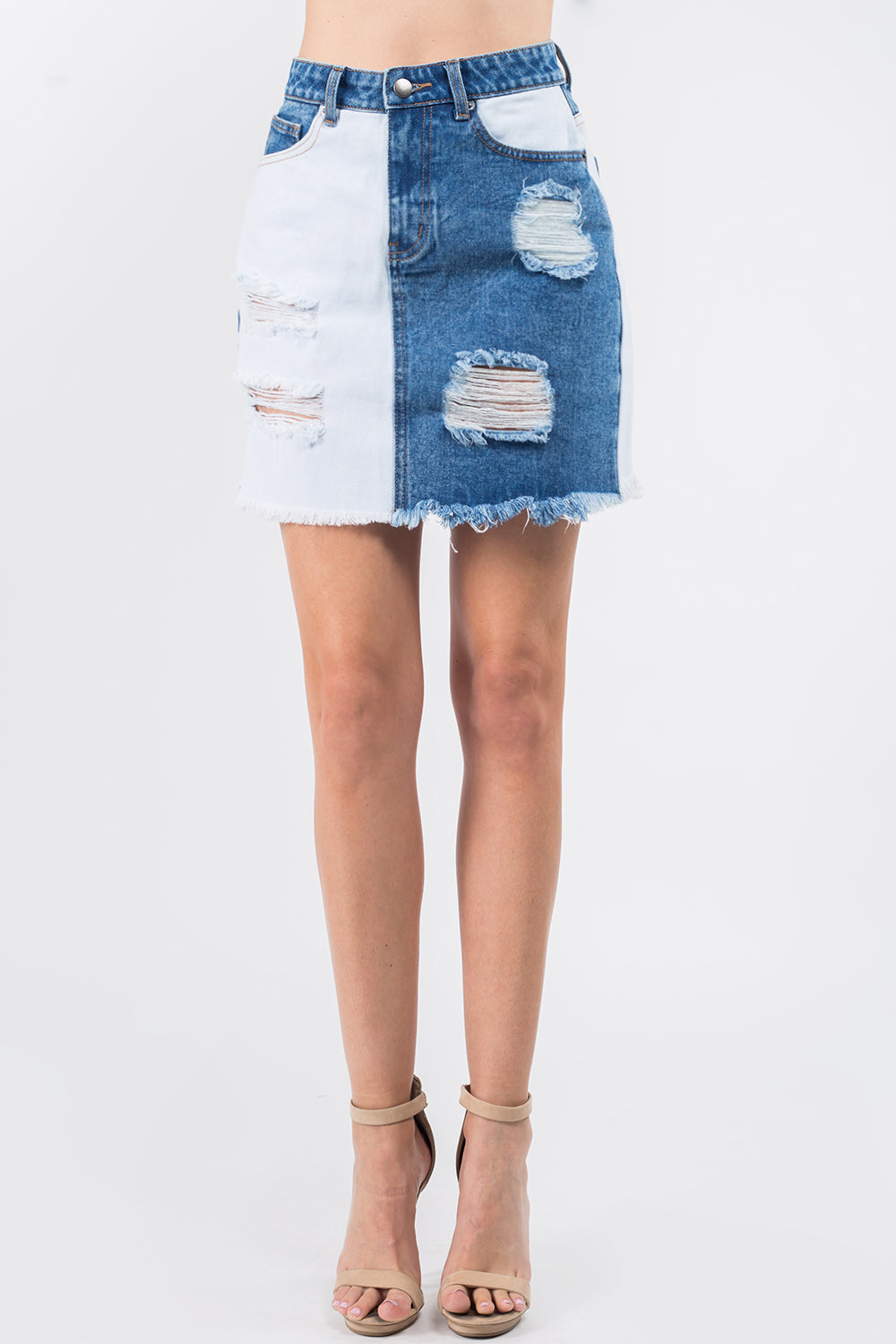 American Bazi In Full Color Contrast Patched Frayed Denim Distressed Skirts