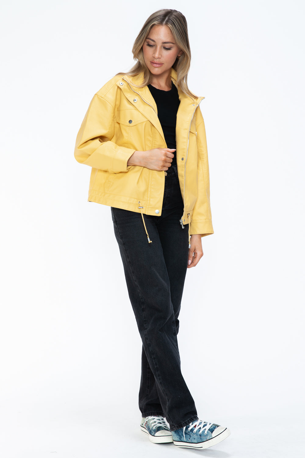 How Dare U My Favorite Layer Drawstring Hem PU Leather Zip Up Jacket in Pale Yellow