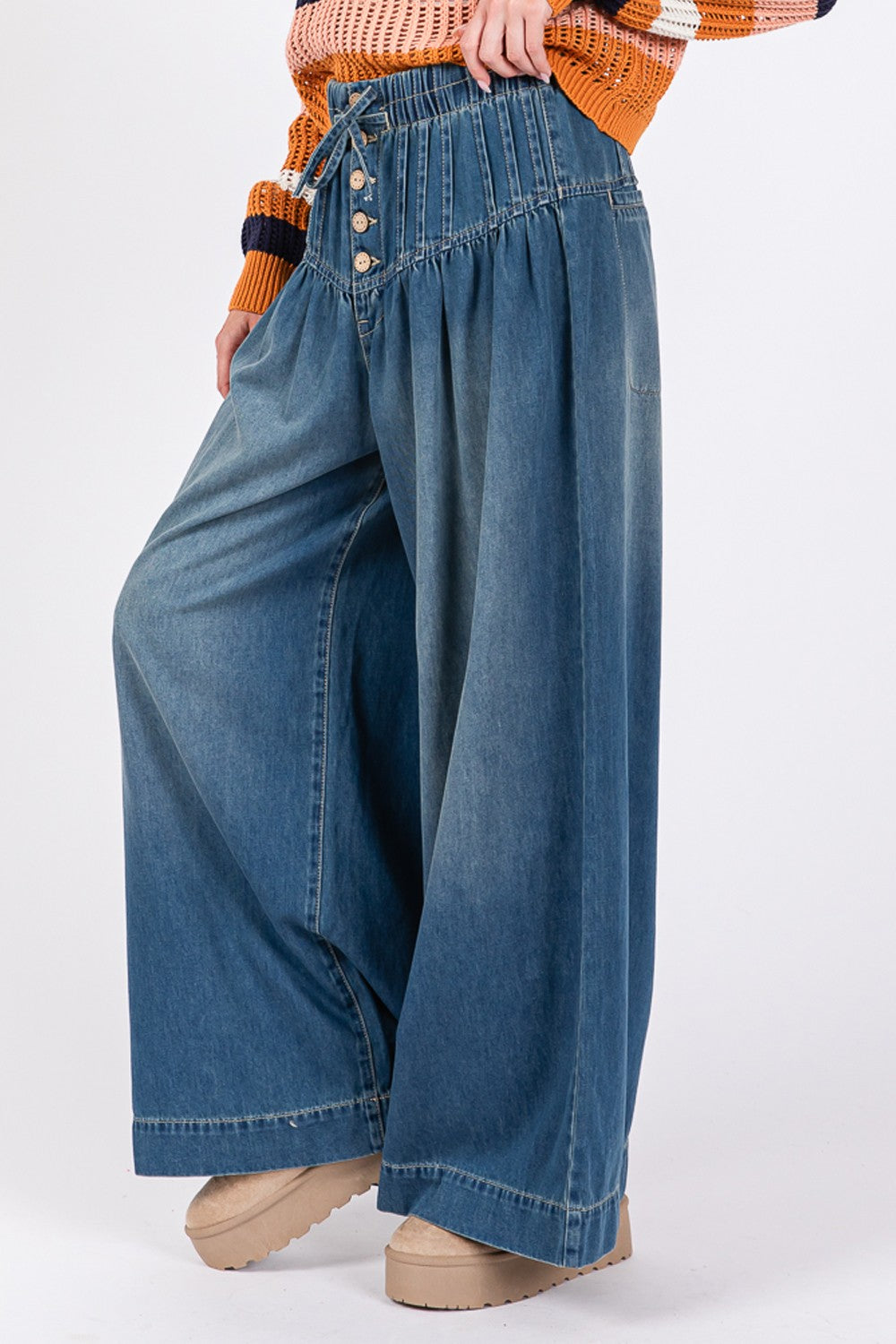 SAGE+FIG On The Move Smocked Waist Band Wide Leg Jeans