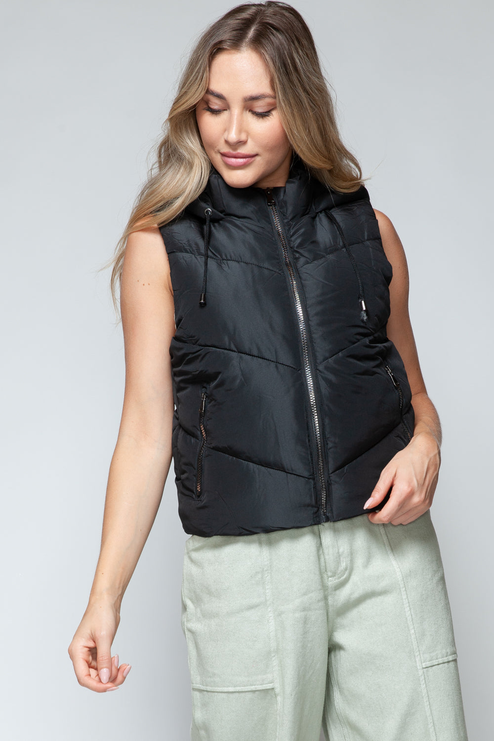 Snobbish A Quilted Beauty Zip Up Quilted Hooded Vest in Black