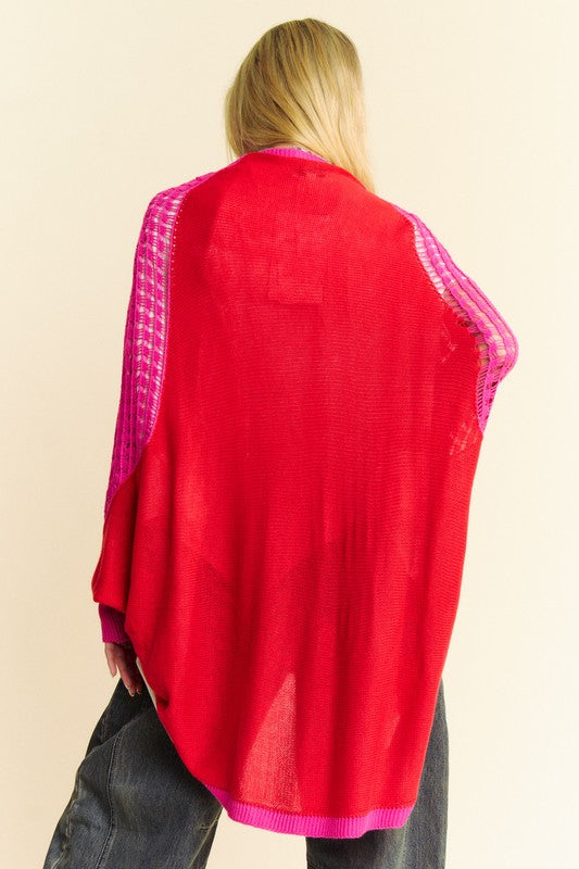Davi & Dani Red Hot Openwork Contrast Open Front Cardigan
