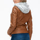 YMI Fuzzy Feels Faux Layered Double-Zipper Jacket with Fuzzy Hood in Camel