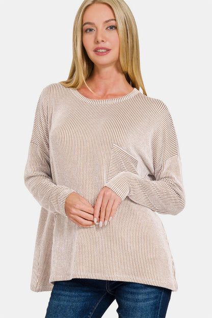 Zenana Lined Up Ribbed Striped Long Sleeve T-Shirt in Ash Mocha