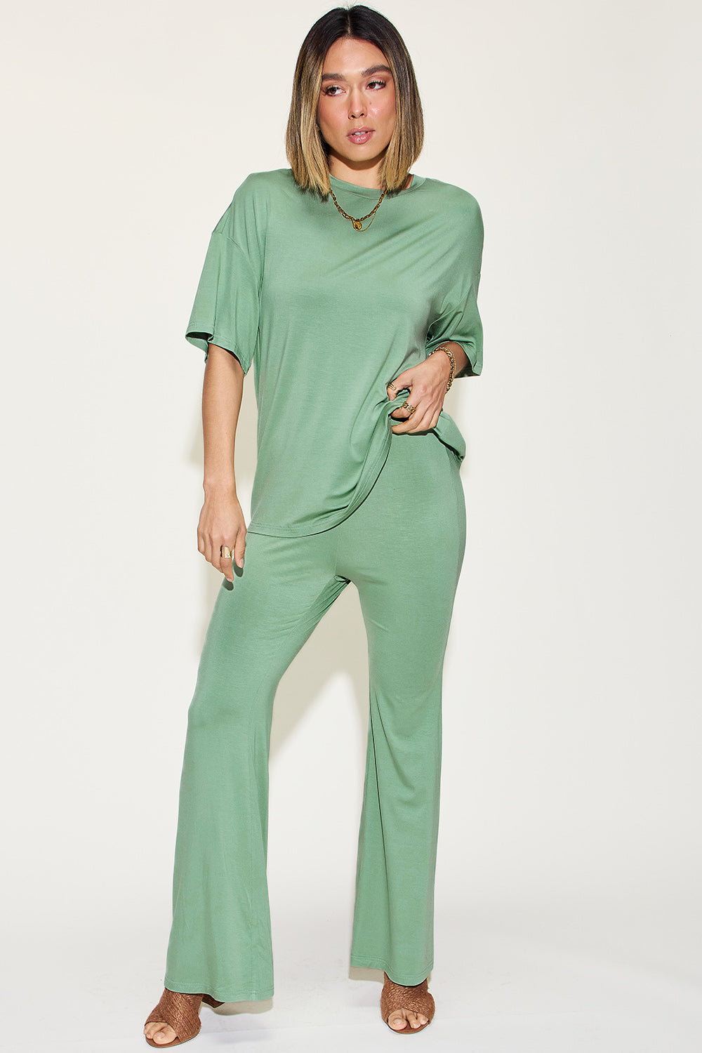 Basic Bae Reflect Bamboo Drop Shoulder T-Shirt and Flare Pants Set