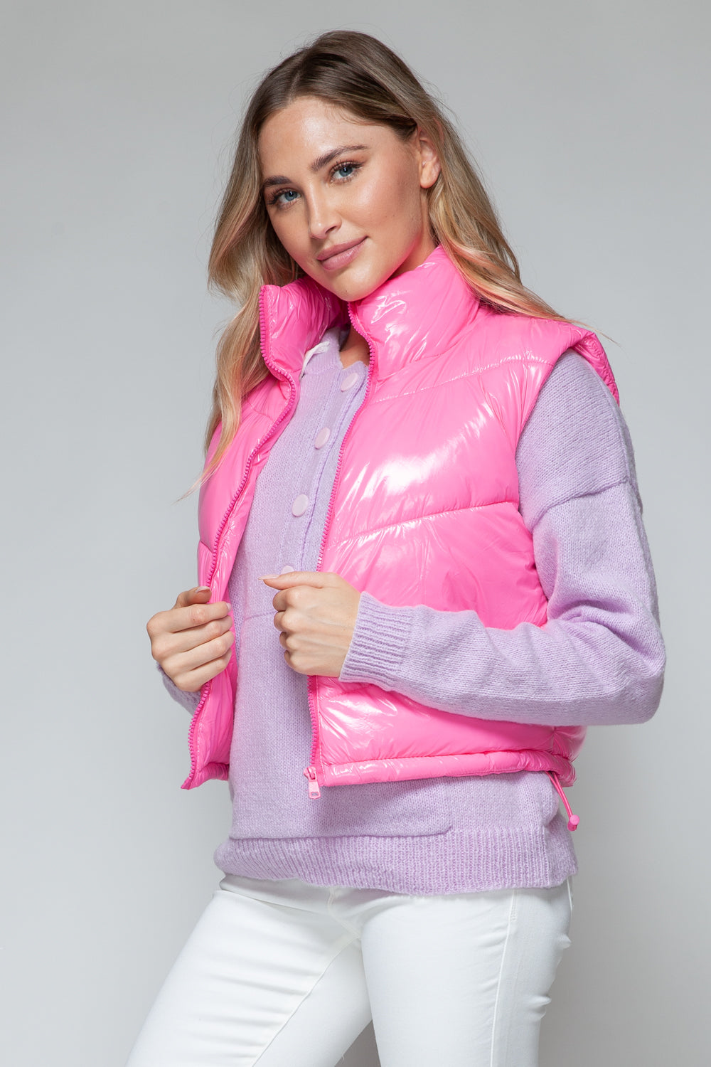 Snobbish A Quilted Touch Zip Up Turtleneck Shiny Quilted Vest in Hot Pink
