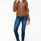 YMI Fuzzy Feels Faux Layered Double-Zipper Jacket with Fuzzy Hood in Camel