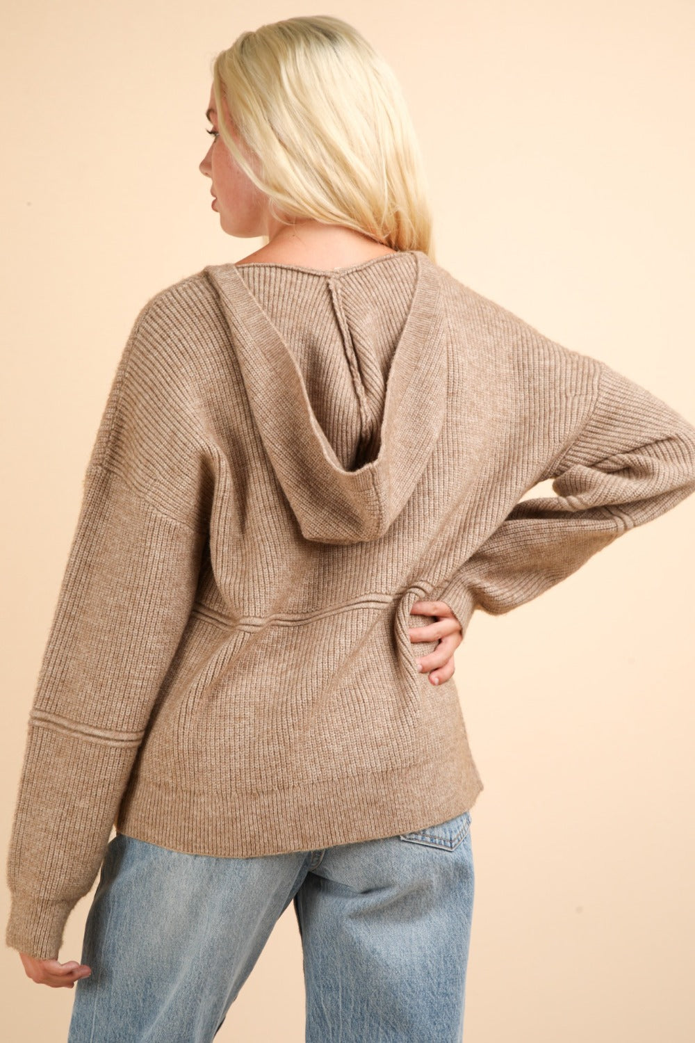 VERY J Keep It Comfy Seam Detail Drop Shoulder Hooded Sweater in Mocha