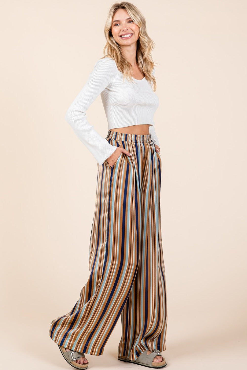 Mittoshop Oh Hey There Striped Satin Elastic Waist Wide Leg Pants in Navy Multi