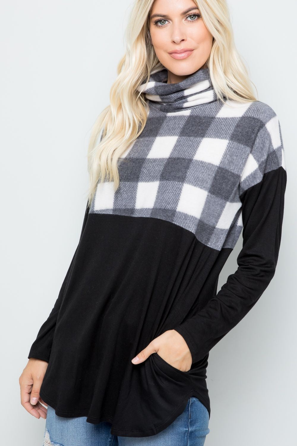 Celeste Plaid Days Pocketed Turtleneck Long Sleeve Blouse