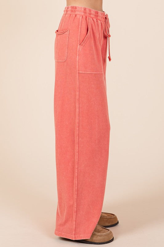 Mittoshop Vintage Dreamin' Mineral Wash French Terry Drawstring Wide Leg Pants in Orange-Red