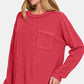 Zenana Cozy Unfiltered Contrast Stitching Brushed Ribbed Hacci Knit Top in Red