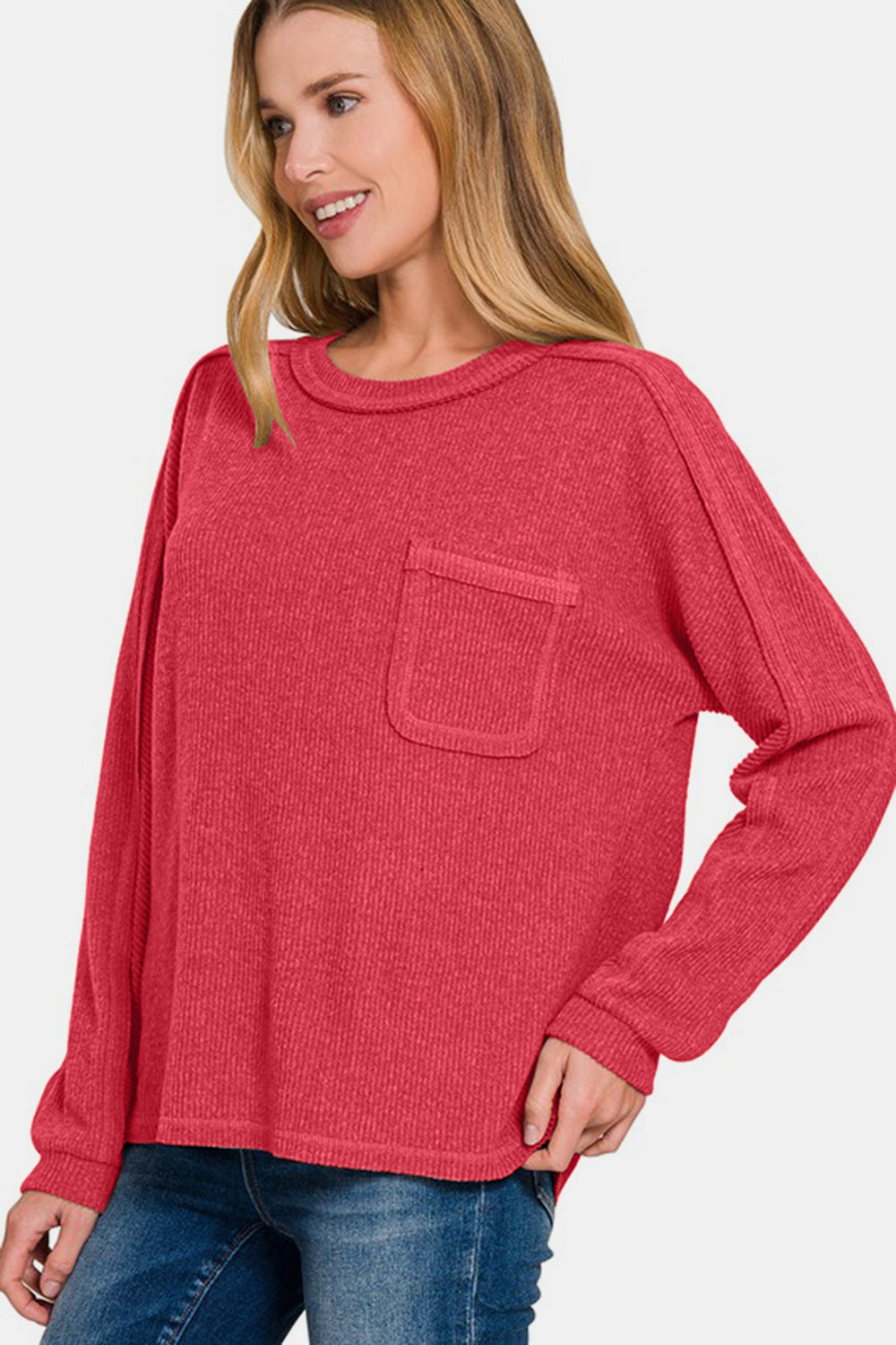 Zenana Cozy Unfiltered Contrast Stitching Brushed Ribbed Hacci Knit Top in Red