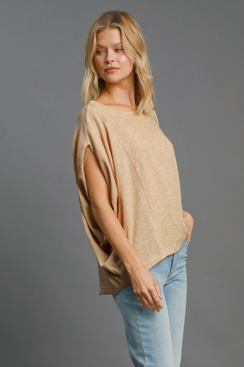 Umgee I'm On Point Exposed Seam Batwing Sleeve Knit Top in Tan