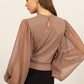 HYFVE Angel Wings Ruched Sheer Long Sleeve Mock Neck Blouse