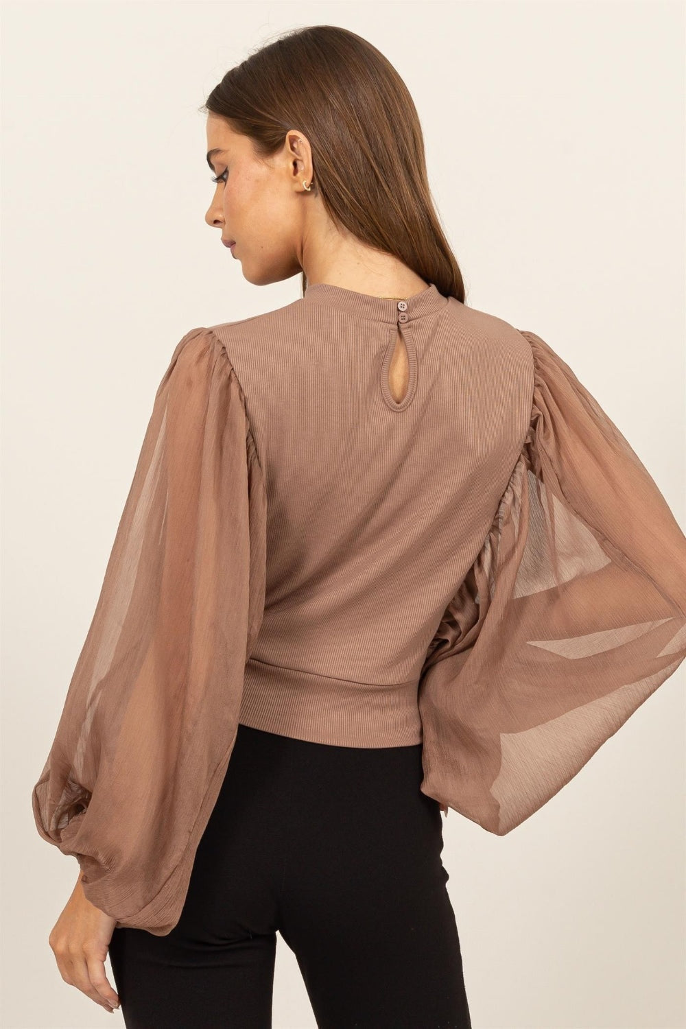HYFVE Angel Wings Ruched Sheer Long Sleeve Mock Neck Blouse