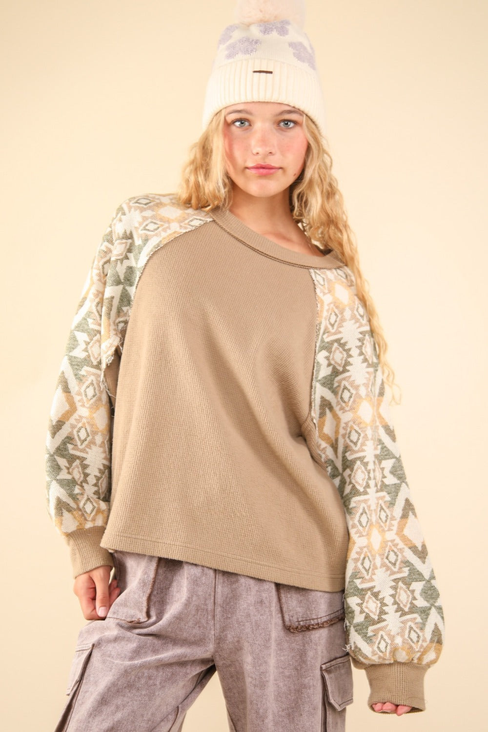 VERY J Steal The Show Printed Long Sleeve Knit Top in Taupe