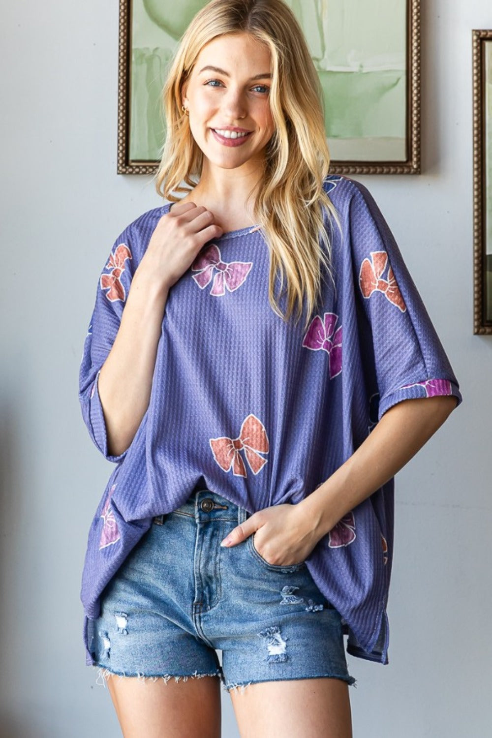 HOPELY Bow Dreams Waffle Side Slit T-Shirt in Purple