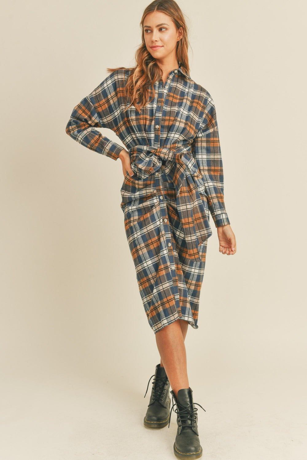Mable Timeless in Plaid Flannel Front Tie Button Down Shirt Dress