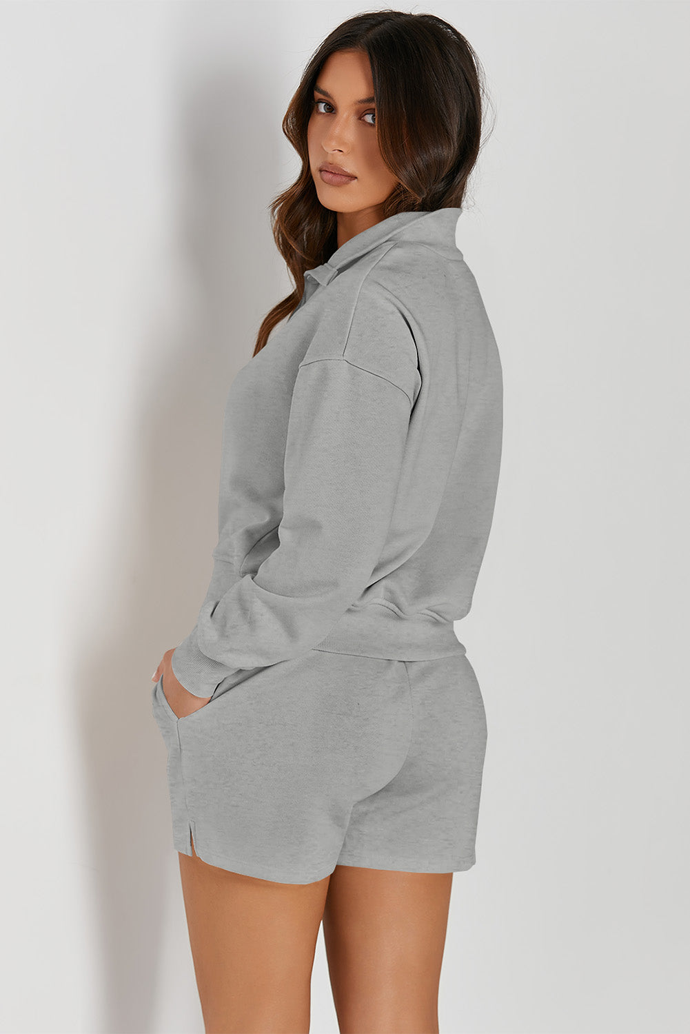 Inhale Exhale Half Button Sweatshirt and Shorts Active Set