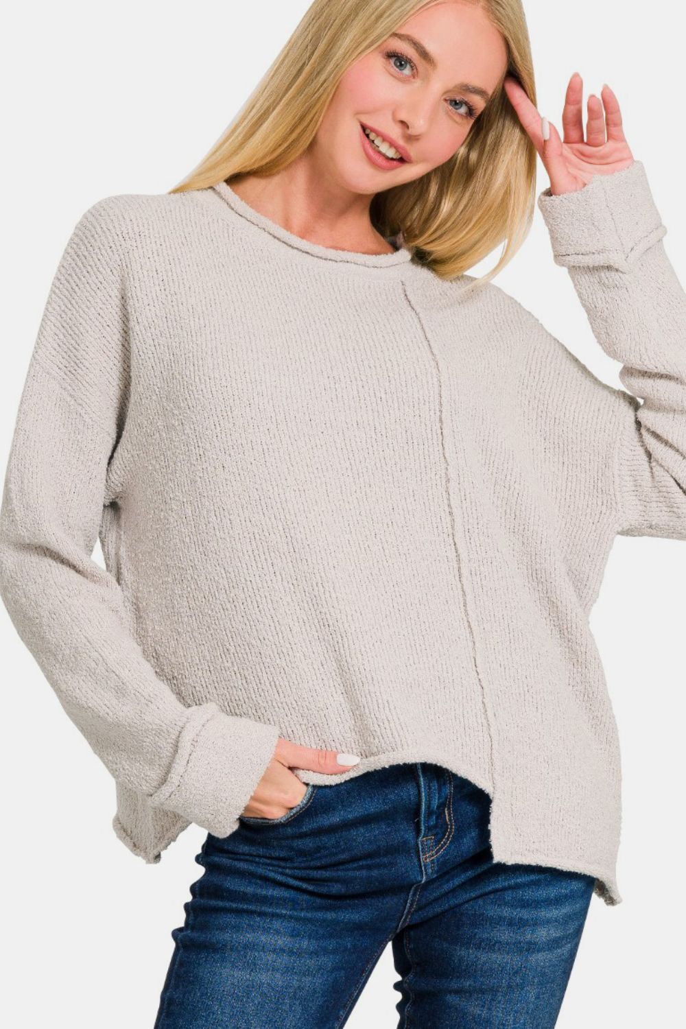 Zenana Wild Wonderland Asymmetric Hem Drop Shoulder Sweater in Bone