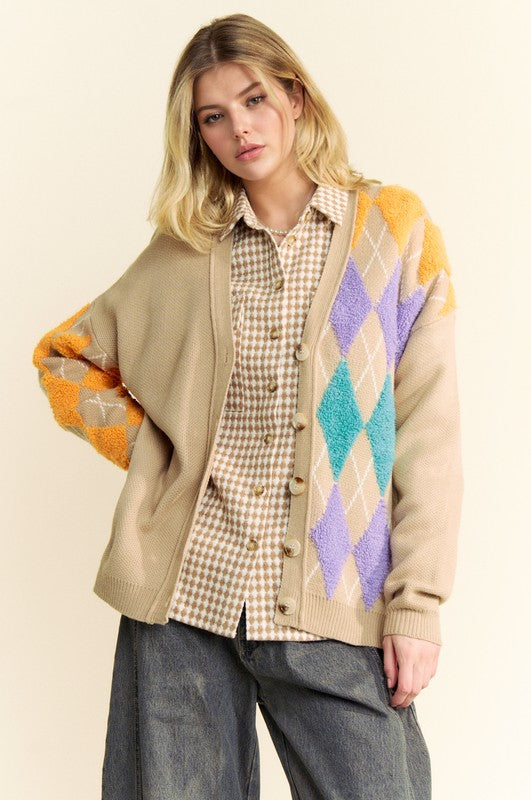 Davi & Dani Cute & Argyle V-Neck Dropped Shoulder Cardigan