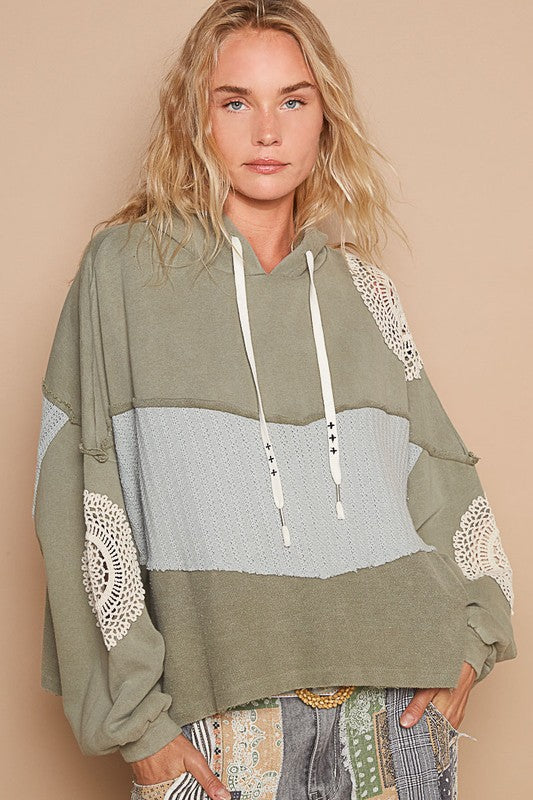 POL Breathe Easy Openwork Contrast Dropped Shoulder Hoodie Top In Sage