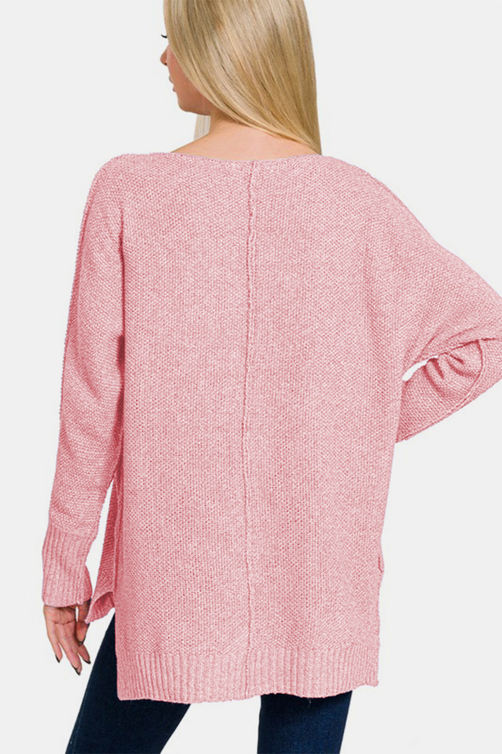 Zenana By The Fire High-Low Center Seam V-Neck Sweater in Dusty Pink