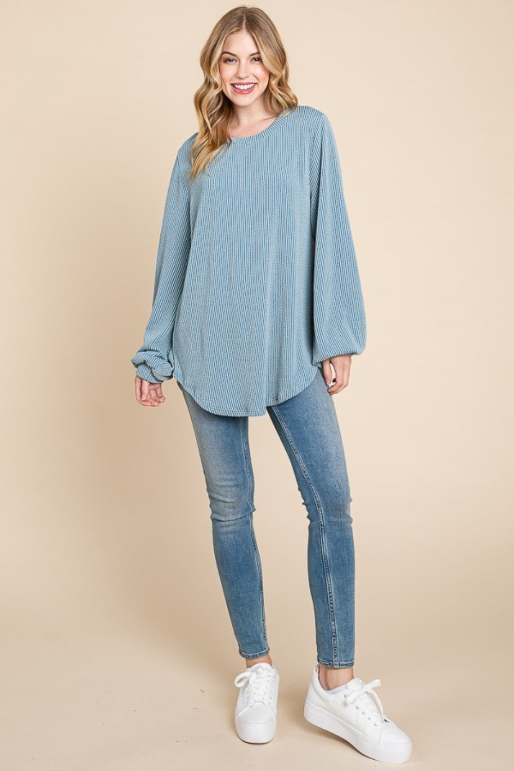 BOMBOM Chasing Dreams Long Sleeve Curved Hem Ribbed T-Shirt in Denim