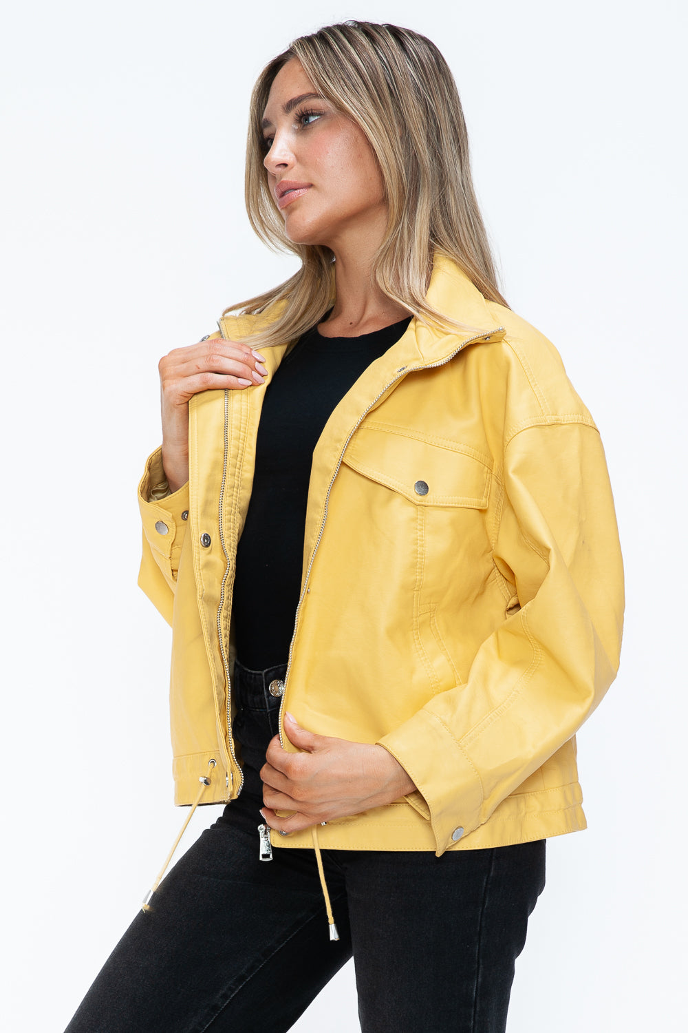 How Dare U My Favorite Layer Drawstring Hem PU Leather Zip Up Jacket in Pale Yellow