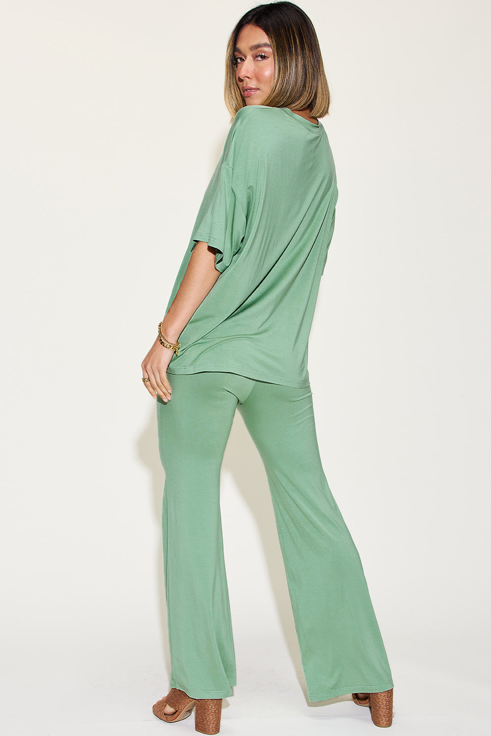 Basic Bae Reflect Bamboo Drop Shoulder T-Shirt and Flare Pants Set