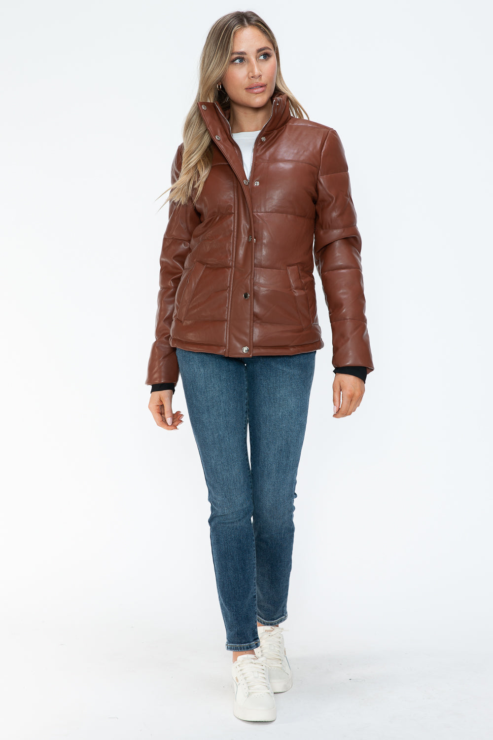 YMI Cozy Perfection Pocketed Zip Up Turtleneck Puffer Jacket in Brandy