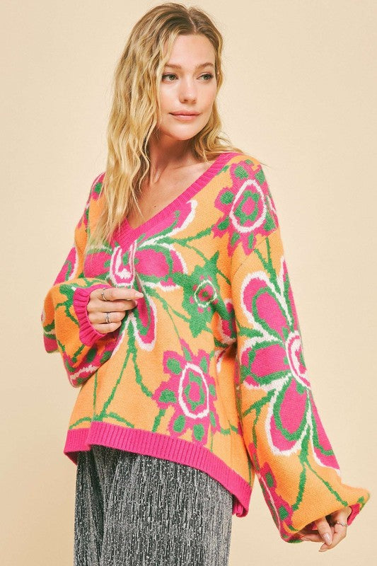 Davi & Dani Neon Sunshine Floral Contrast V-Neck Dropped Shoulder Sweater