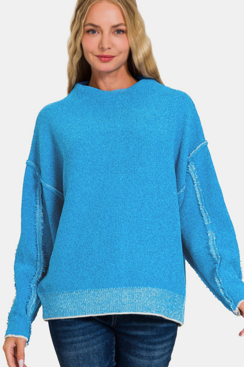 Zenana Everyday Cozy Exposed Seam Mock Neck Long Sleeve Sweater in Deep Sky