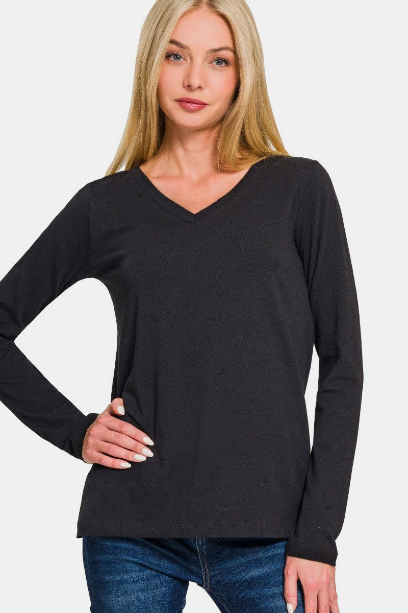 Zenana Make Your Mark V-Neck Long Sleeve T-Shirt in Black