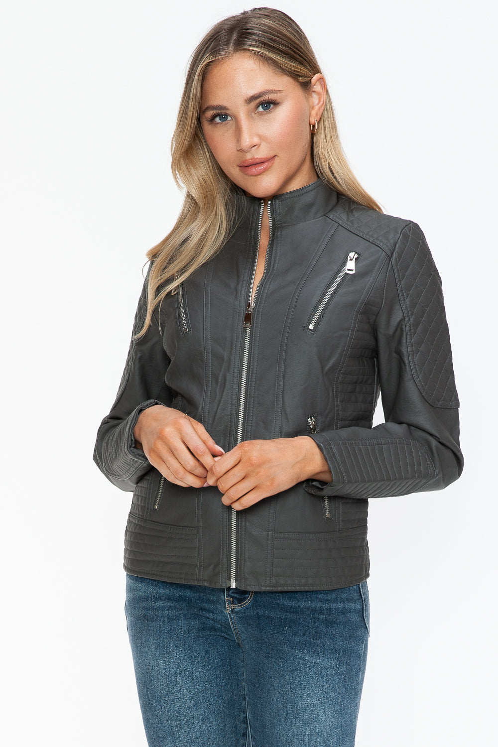 Snobbish Ready To Own The Night Faux Leather Zip Up Mock Neck Jacket in Charcoal