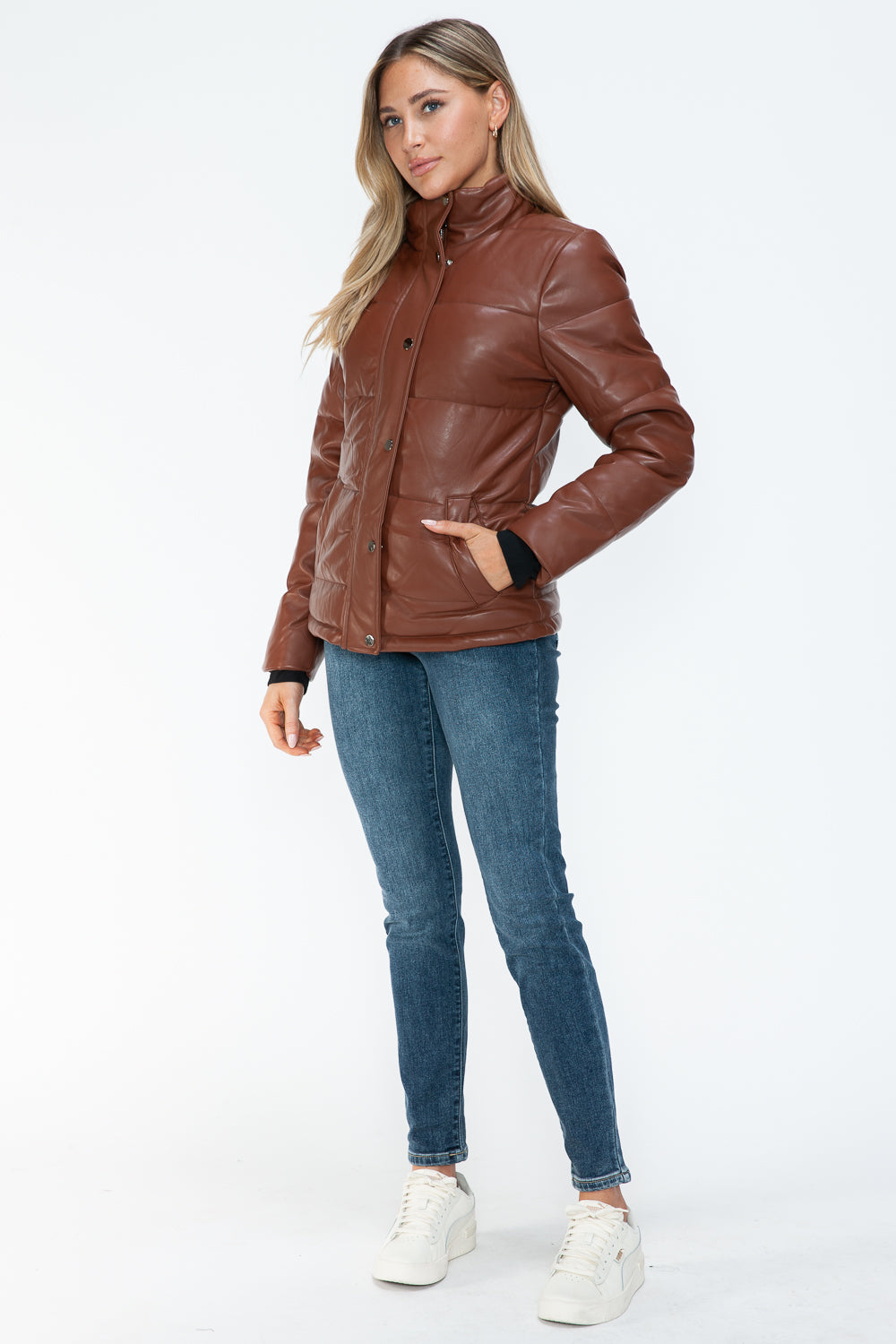 YMI Cozy Perfection Pocketed Zip Up Turtleneck Puffer Jacket in Brandy