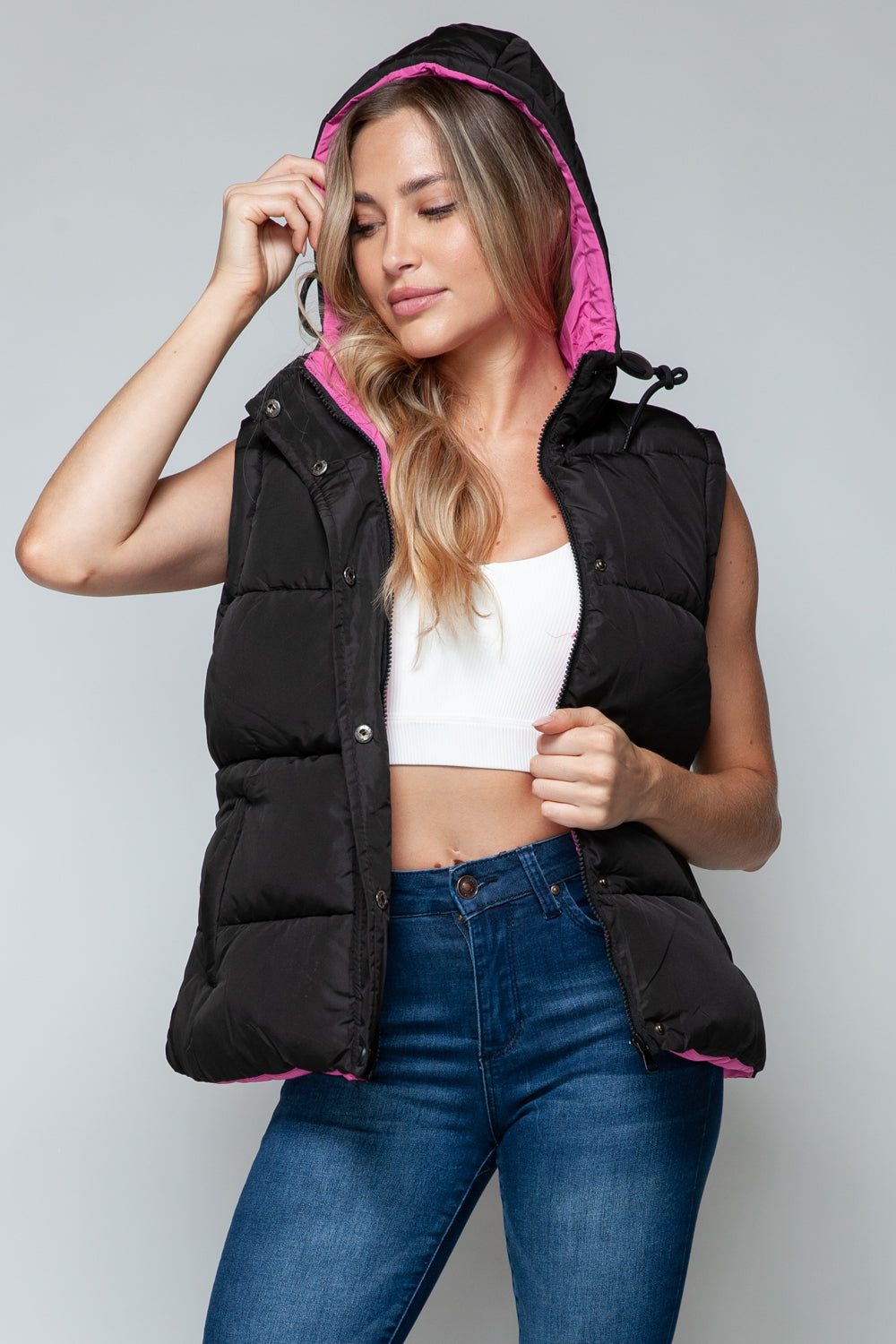 Snobbish Cute and Cozy Snap and Zip Closure Hooded Vest in Black/ Rose Violet