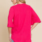 BOMBOM Fuchsia Rose Texture Decorative Button V-Neck Top