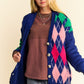 Davi & Dani Cute & Argyle V-Neck Dropped Shoulder Cardigan in Navy
